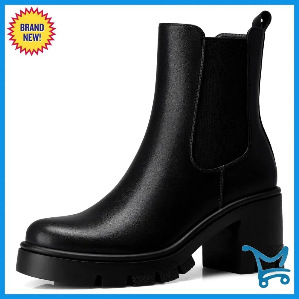 Chunky Heel Chelsea Ankle Boots, Waterproof PU Leather, Side Zipper Closure